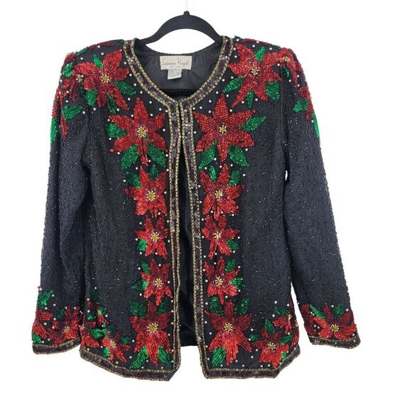 Vtg 80s Black Silk Red Poinsettia Beaded Jacket Cardigan Sz S Christmas Holiday - Picture 10 of 10